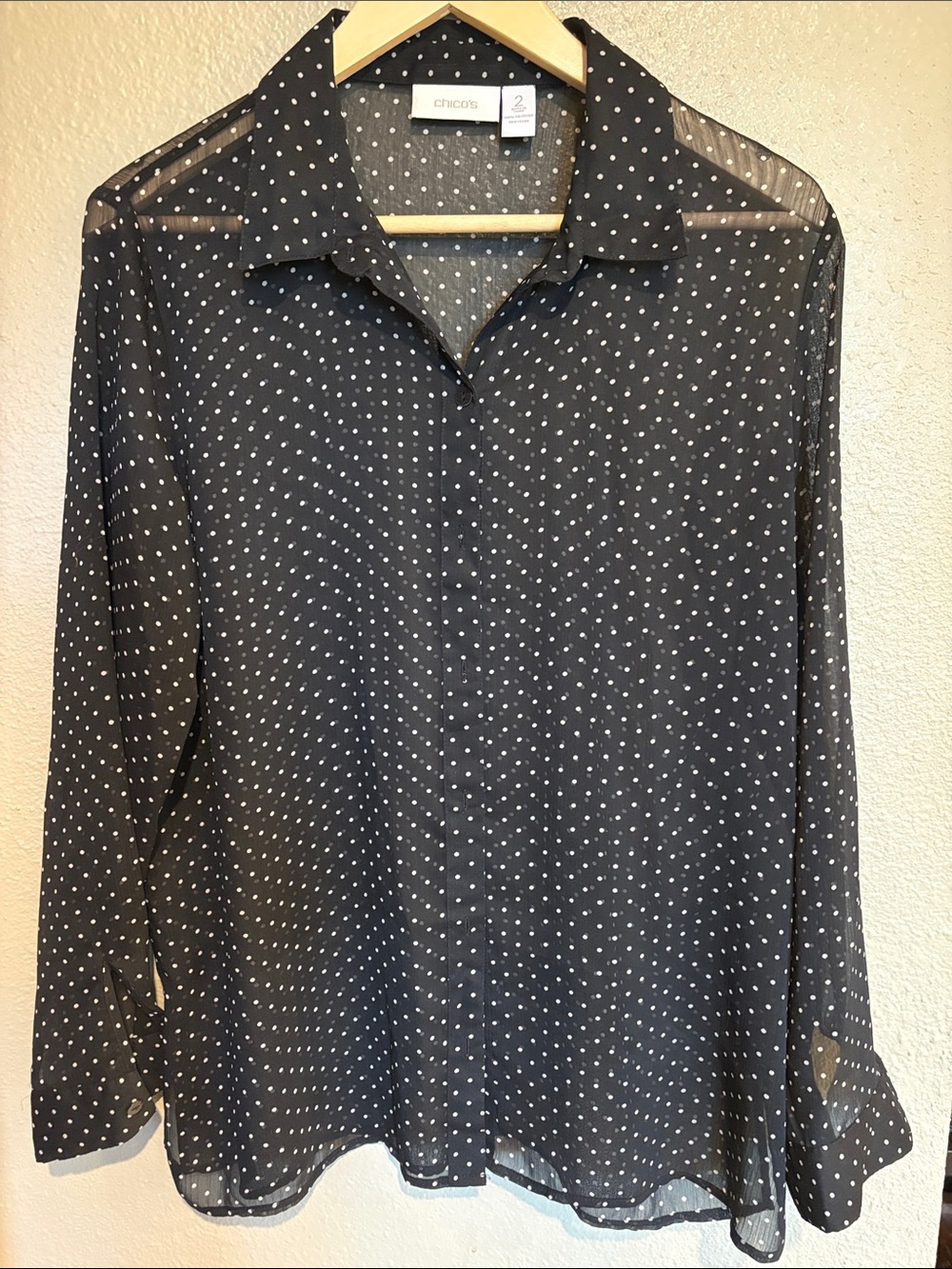 Chico's Black Sheer Polka Dot Button-Down Shirt